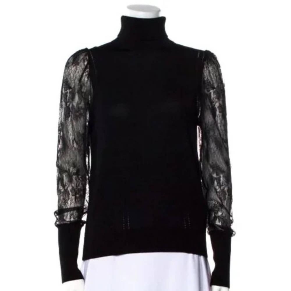 EQUIPMENT Femme Black Wool Silk Turtleneck Sweater Sheer Lace Sleeves Long Cuffs
